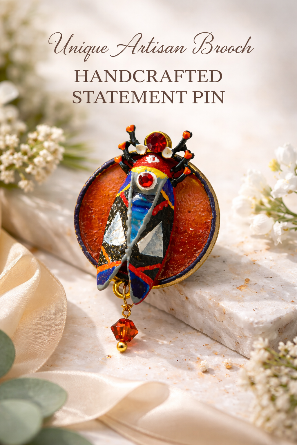 Handcrafted brooch with artistic design on a light background hand painted scarab brooch red black beetle pin, unique artist statement jewelry, one of a kind wearable art brooch, luxury enamel insect pin, bold red black scarab accessory, handmade artistic beetle badge, sculptural statement brooch for blazer, collectible art lover gift jewelry, textured enamel scarab pin, designer insect brooch with gold accents, contemporary art jewelry piece, high quality handmade brooch, distinctive fashion statement pin