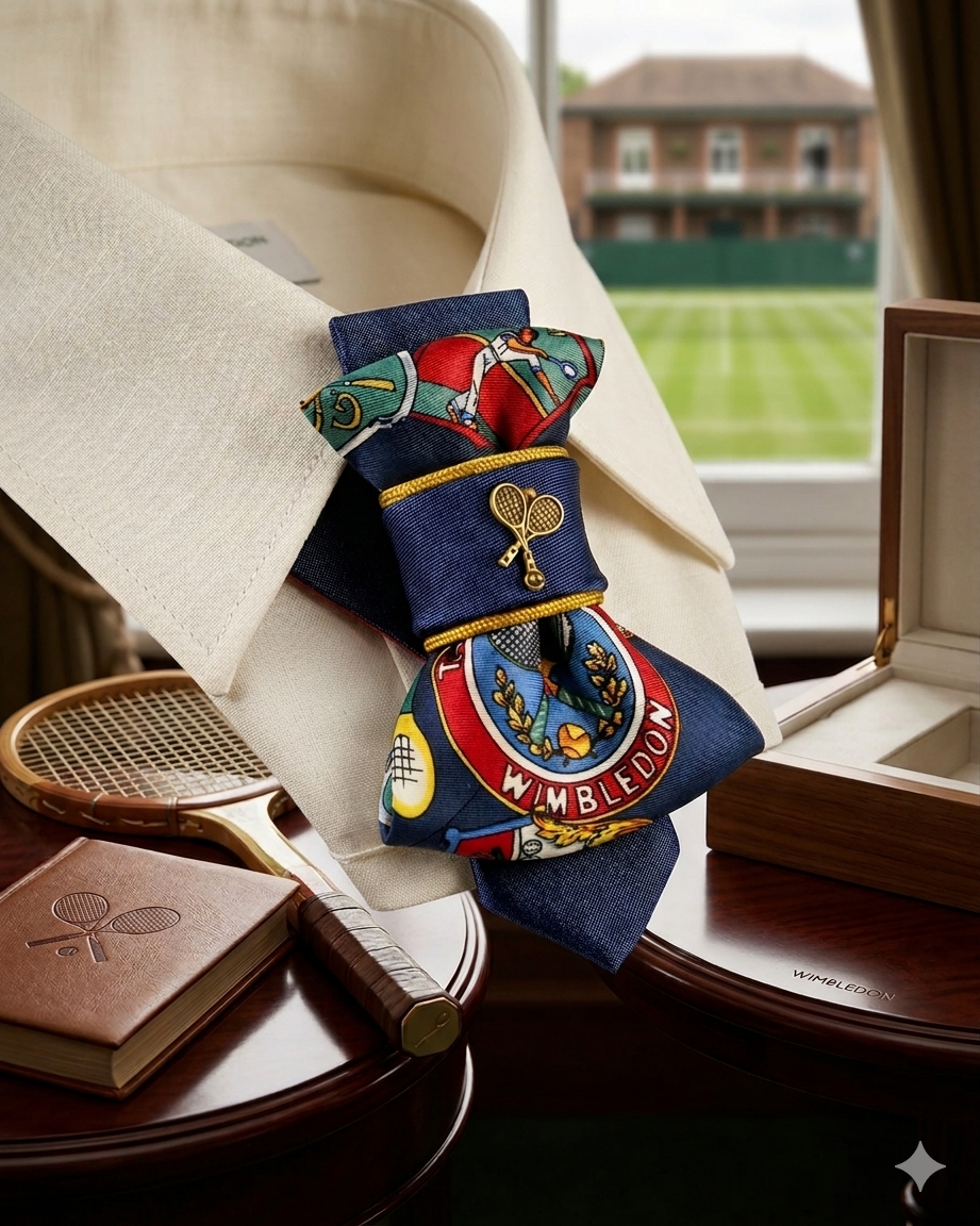 Wimbledon-themed decorative item with a vintage tennis racket and book on a table.
