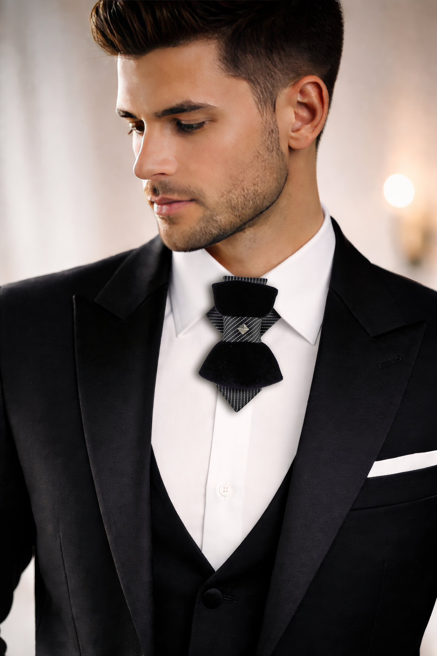 Man wearing a black tuxedo with a bow tie against a neutral background black velvet vertical bow tie, designer statement tie for men, unique groom wedding bow tie, handmade velvet bow tie, modern vertical bow tie design, black velvet groom tie, artistic men’s neckwear accessory, luxury designer bow tie, pinstripe accent bow tie, metallic stud bow tie detail, elegant groom wedding accessory, contemporary formal bow tie,