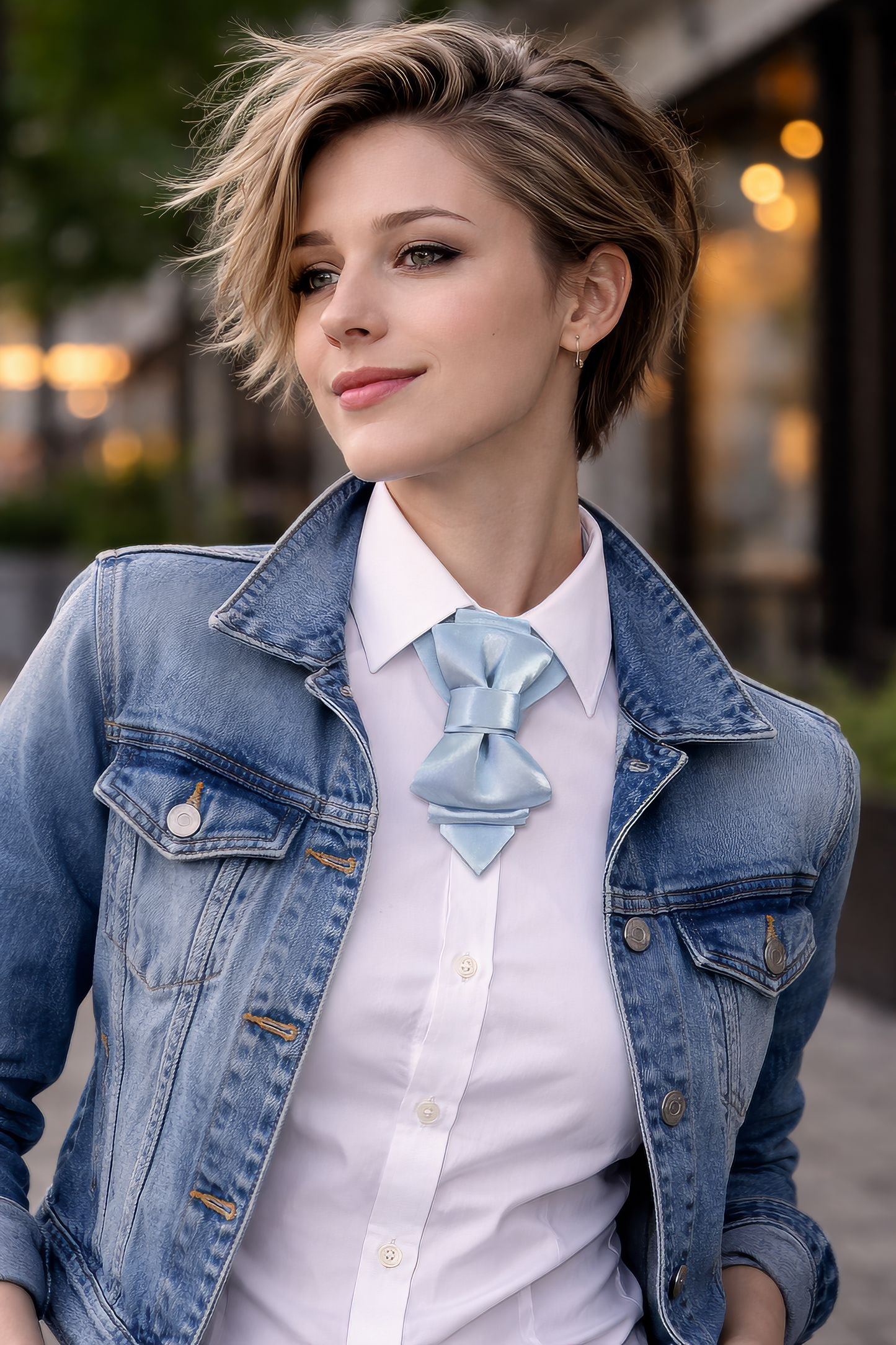 Woman wearing a denim jacket and white shirt with a light blue bow tie, standing outdoors ice blue bow tie women, vertical bow tie, satin bow tie light blue, glacier blue necktie, women statement tie, unisex bow tie, modern bow tie design, sculptural neckwear, elegant women neck accessory, minimalist fashion accessory, wedding guest bow tie, light blue formal tie, unique designer bow tie, artistic neckwear piece, premium satin bow tie, women formal outfit accessory, stylish office outfit women, contemporary
