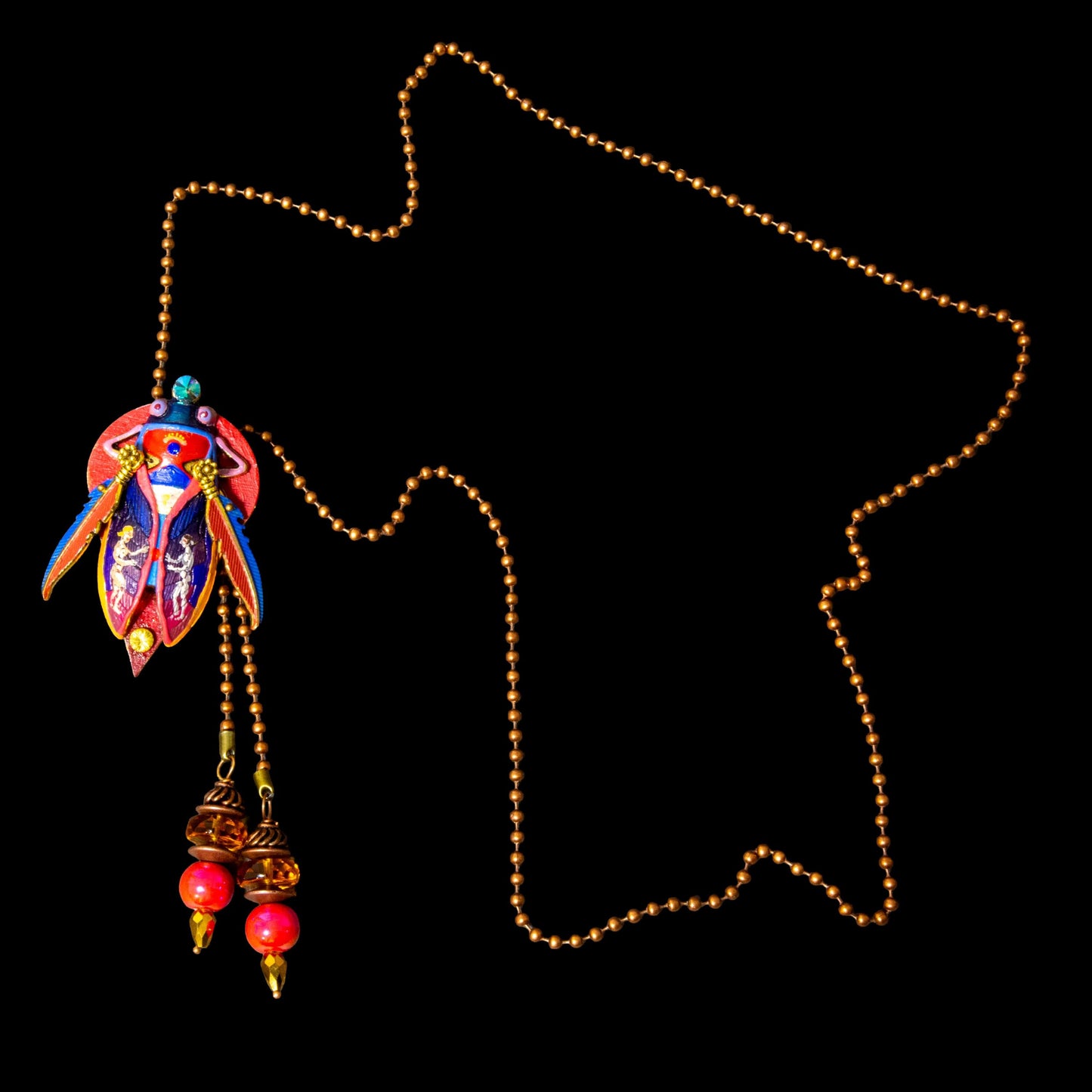 Decorative hanging ornament with colorful design on a black background unique gift for her, art lover gift, handmade jewelry gift, collectible art necklace, luxury statement gift, anniversary gift idea, birthday gift for wife, gift for creative woman, meaningful artistic jewelry, museum style pendant gift, renaissance inspired necklace, fantasy insect jewelry, heirloom style accessory, artisan designer necklace, special occasion jewelry, romantic gift idea, Christmas gift for her, Valentine gift jewelry, on
