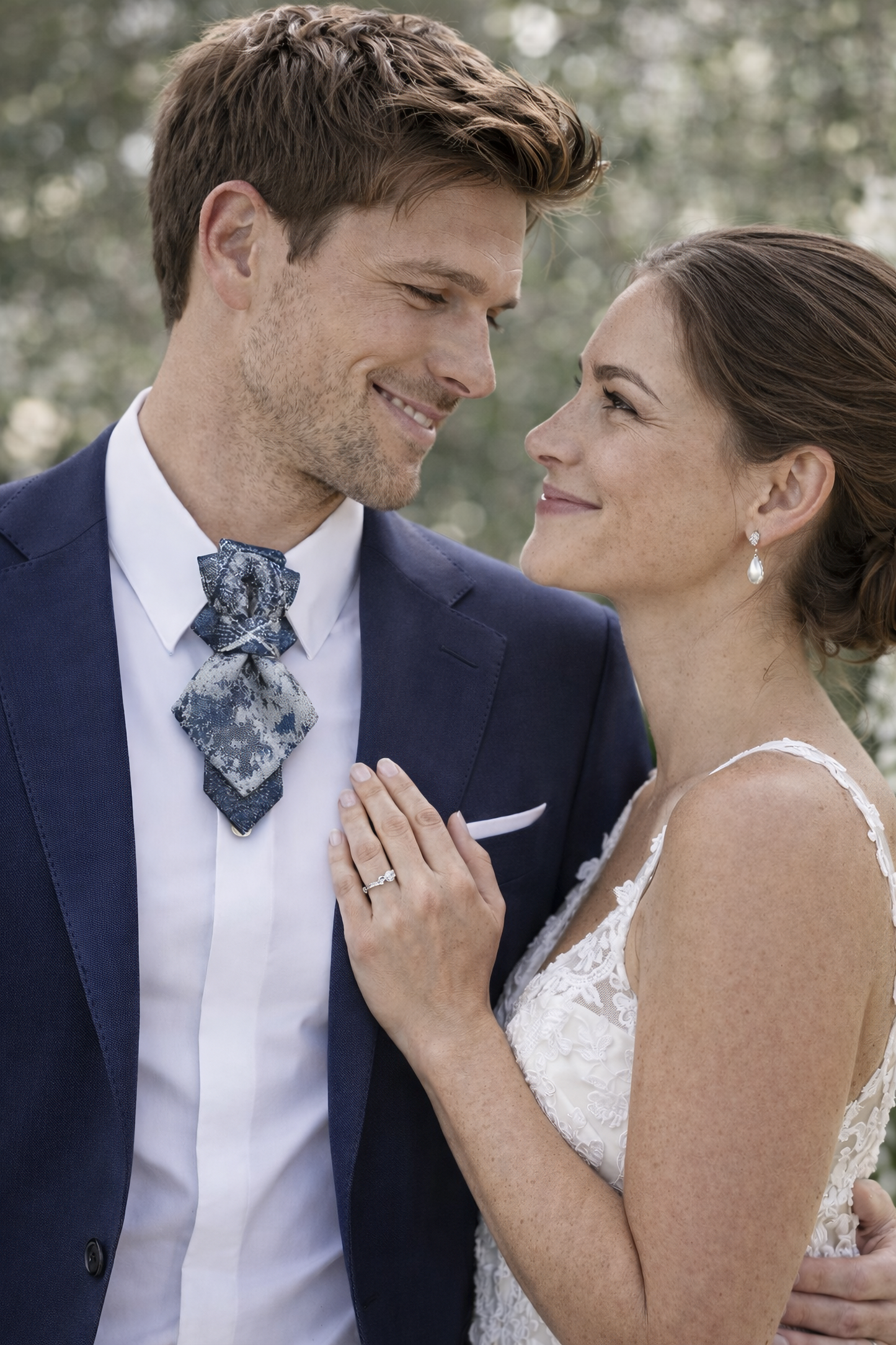 Man in a suit and woman in a dress standing close together outdoors Man and woman in wedding attire standing close together outdoors.