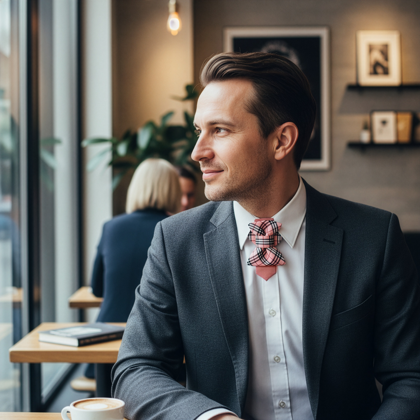 Man in a suit with a plaid bow tie sitting in a cafe, Man wearing a navy suit with a plaid bow tie indoors A stylish man in a navy blue suit and a crisp white shirt is featured from the chest up, looking thoughtfully to his right. He is wearing a unique, elaborately tied pink and plaid handmade necktie, designed for a wedding. The necktie is the focal point, showcasing intricate folds and a distinctive pattern. His hands are clasped together in front of him, and soft natural light from a window illuminates