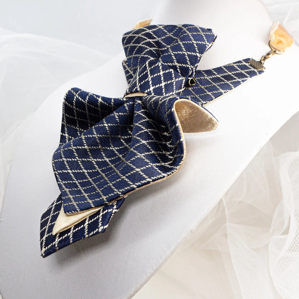 luxurious blue bow tie with gold details for ladies, Female bow tie "Blue gothic", Female bow tie "Blue gothic" is designed to be worn not only with shirts but also with clothes with an open neck - dresses, blouses, sweaters. 