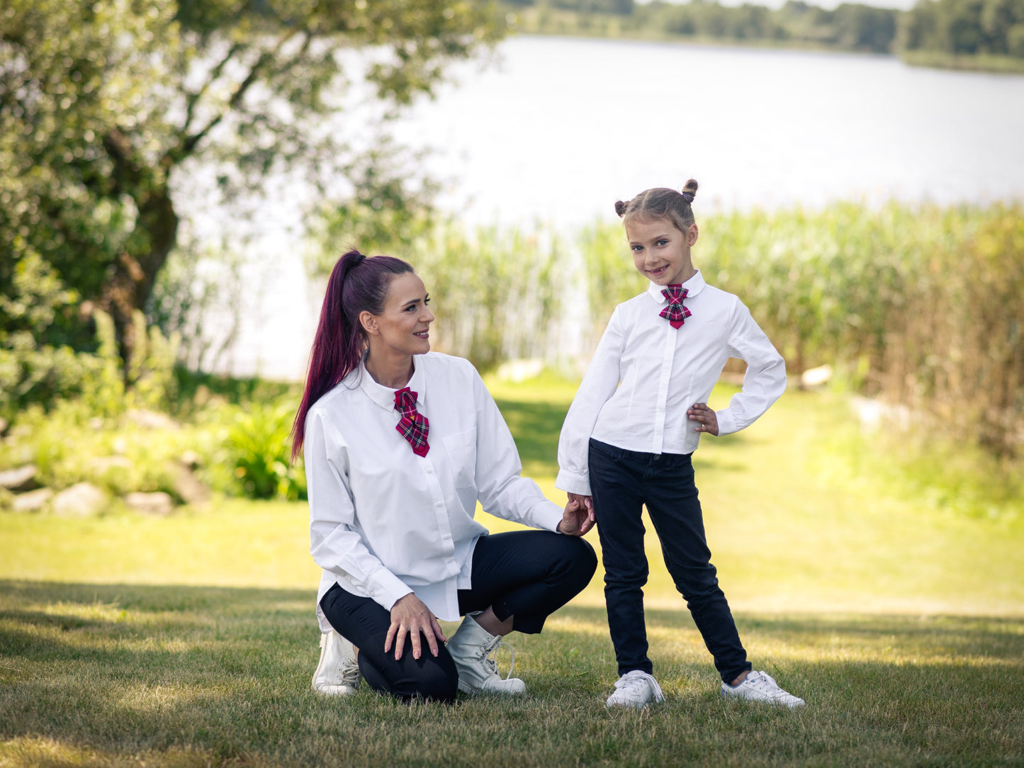 handmade womens necktie, unique design tie for women, red chequered bow tie, Scottish style tie, Christmas bow tie for her, plaid women's necktie, festive red tie, classic tartan tie, elegant women's accessory, ladies fashion tie, holiday outfit accessory, stylish women's bow tie, Scottish fabric necktie, handmade tartan tie, red festive neckwear