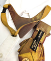 Brown leather vest with yellow suspenders and a visible brand tag on a white background metallic plum gold womens necktie, bronze burgundy metallic bow tie for women, chameleon fabric neck accessory, handmade statement necktie, sculptural womens neckwear, metallic plum bronze neckpiece, luxury handmade womens neck accessory, artistic fabric necktie, modern designer womens bow tie, elegant metallic neckwear, unique womens fashion necktie, gold burgundy neck accessory, contemporary statement neckpiece