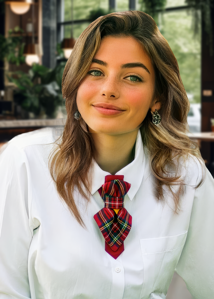 handmade womens necktie, unique design tie for women, red chequered bow tie, Scottish style tie, Christmas bow tie for her, plaid women's necktie, festive red tie, classic tartan tie, elegant women's accessory, ladies fashion tie, holiday outfit accessory, stylish women's bow tie, Scottish fabric necktie, handmade tartan tie, red festive neckwear