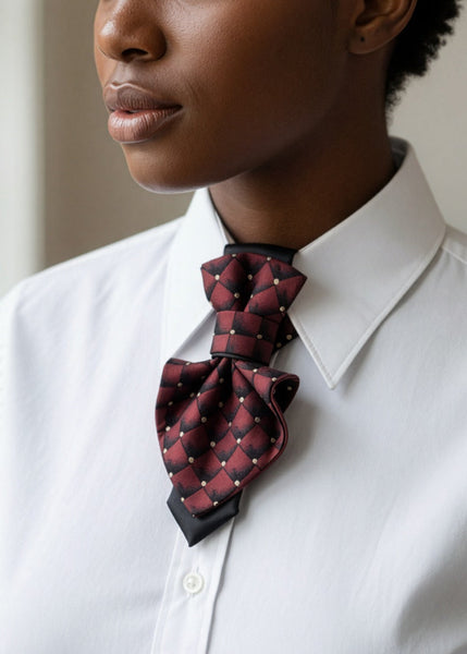 bordo Jabot necktie for women  Burgundy diamond necktie, modern jabot, red jabot necktie for women, unique bow tie for ladies, femme evening neckwear accessory, stylish neckwear for women, luxury handmade women’s tie, artistic women’s neck accessory, elegant statement necktie, designer jabot for special occasions, feminine formal neckwear, original artisan necktie, handmade fashion jabot bow, baroque-style women’s jabot, fashionable women's cravat