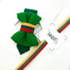 Green tie for children decorated with a tricolor ribbon, green bow tie for children