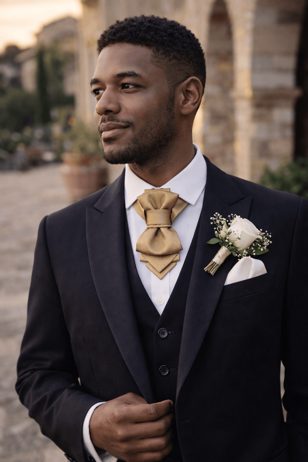 Man in a formal black suit with gold bow tie and boutonniere standing old ascot tie, groom cravat, wedding ascot tie, mens wedding cravat, victorian groom tie, steampunk wedding tie, renaissance groom style, alternative groom look, luxury groom accessory, gold striped cravat, formal ascot for men, dapper groom outfit, statement wedding tie, italian groom fashion, rustic wedding groom, elegant groom attire, unique mens neckwear, gold formal necktie, vintage inspired groom, royal wedding style, bespooutdoors.