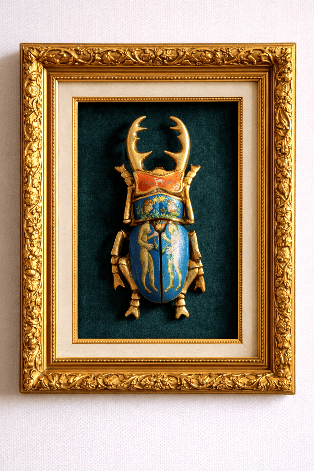Decorative beetle sculpture in a gold frame on a white wall