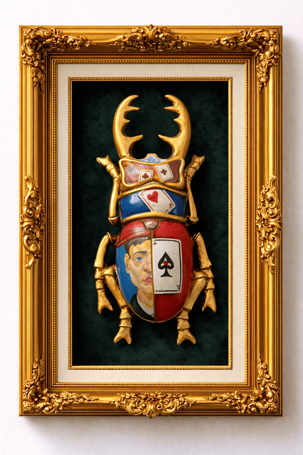 Mythic Scarab  Hand Painted Gold Beetle Wall Sculpture, Mythological Interior Art 20x10 cm
