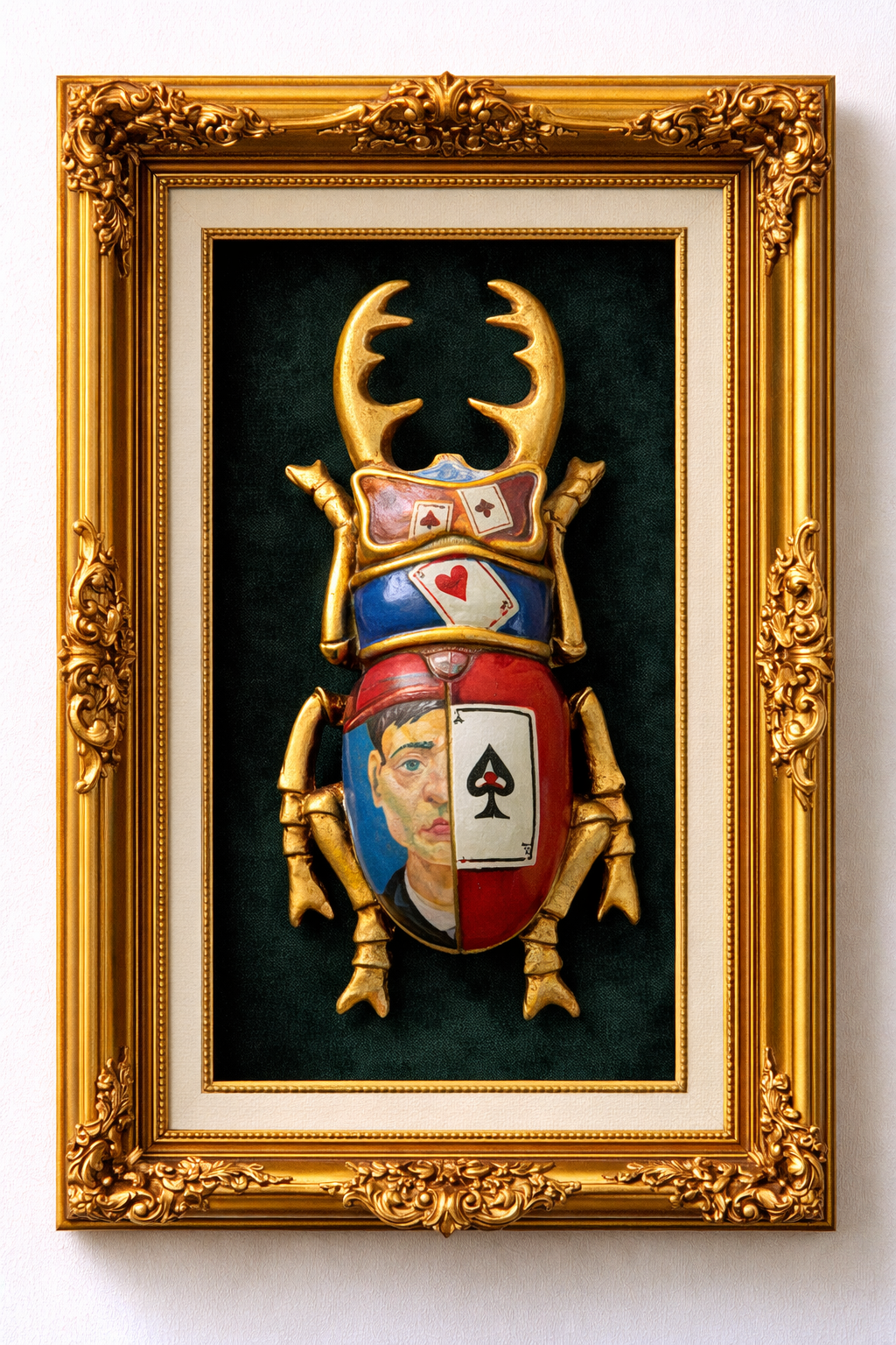 Mythic Scarab  Hand Painted Gold Beetle Wall Sculpture, Mythological Interior Art 20x10 cm