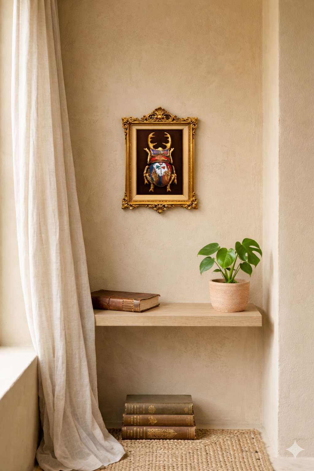 Decorative shelf with a plant, books, and a framed picture on a beige wall.