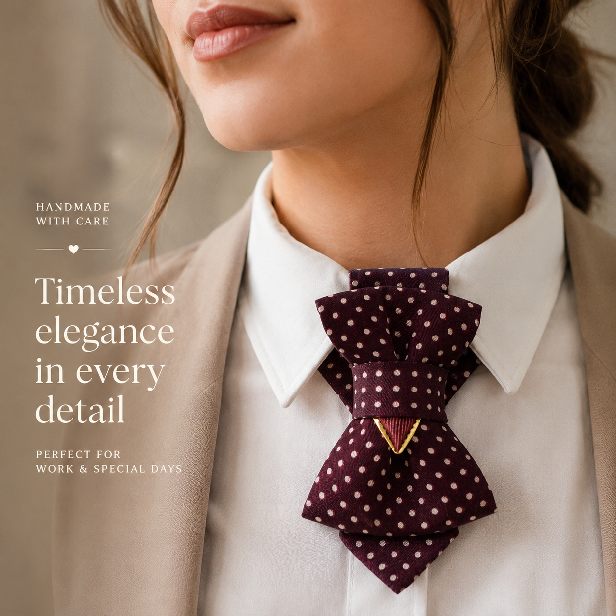 Woman wearing a polka dot bow tie with text about timeless elegance and craftsmanship.