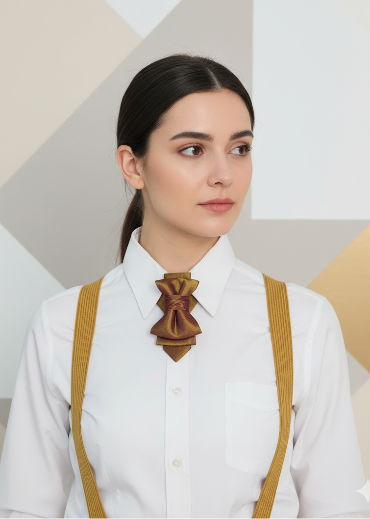 Woman wearing a white shirt with a decorative brooch and suspenders against a geometric background metallic plum gold womens necktie, bronze burgundy metallic bow tie for women, chameleon fabric neck accessory, handmade statement necktie, sculptural womens neckwear, metallic plum bronze neckpiece, luxury handmade womens neck accessory, artistic fabric necktie, modern designer womens bow tie, elegant metallic neckwear, unique womens fashion necktie, gold burgundy neck accessory, contemporary statement neckpi