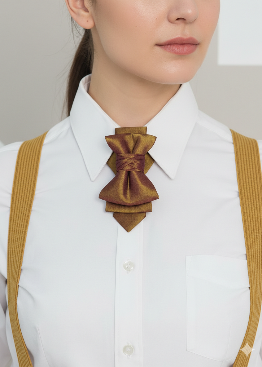 Person wearing a white shirt with a brown bow tie and suspenders on a plain background metallic plum gold womens necktie, bronze burgundy metallic bow tie for women, chameleon fabric neck accessory, handmade statement necktie, sculptural womens neckwear, metallic plum bronze neckpiece, luxury handmade womens neck accessory, artistic fabric necktie, modern designer womens bow tie, elegant metallic neckwear, unique womens fashion necktie, gold burgundy neck accessory, contemporary statement neckpiece