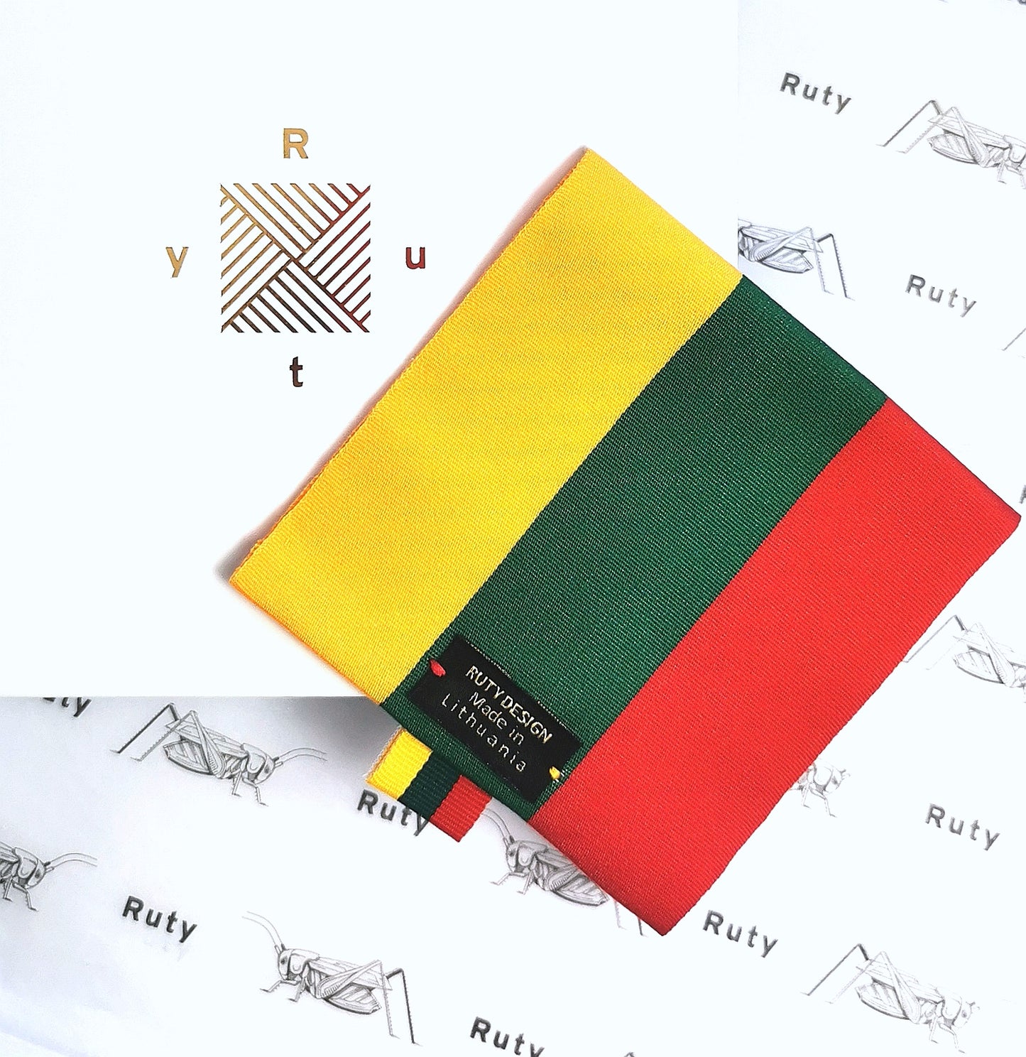 Colorful fabric swatch with yellow, green, and red stripes on a white background with 'Ruty' branding.