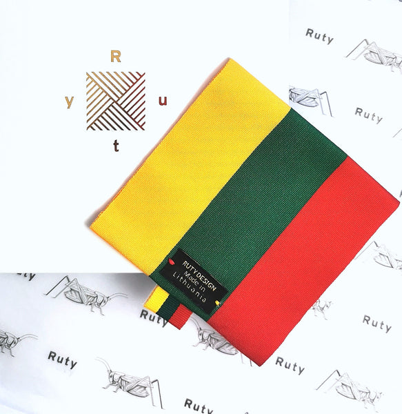 Colorful fabric swatch with yellow, green, and red stripes on a white background with 'Ruty' branding.