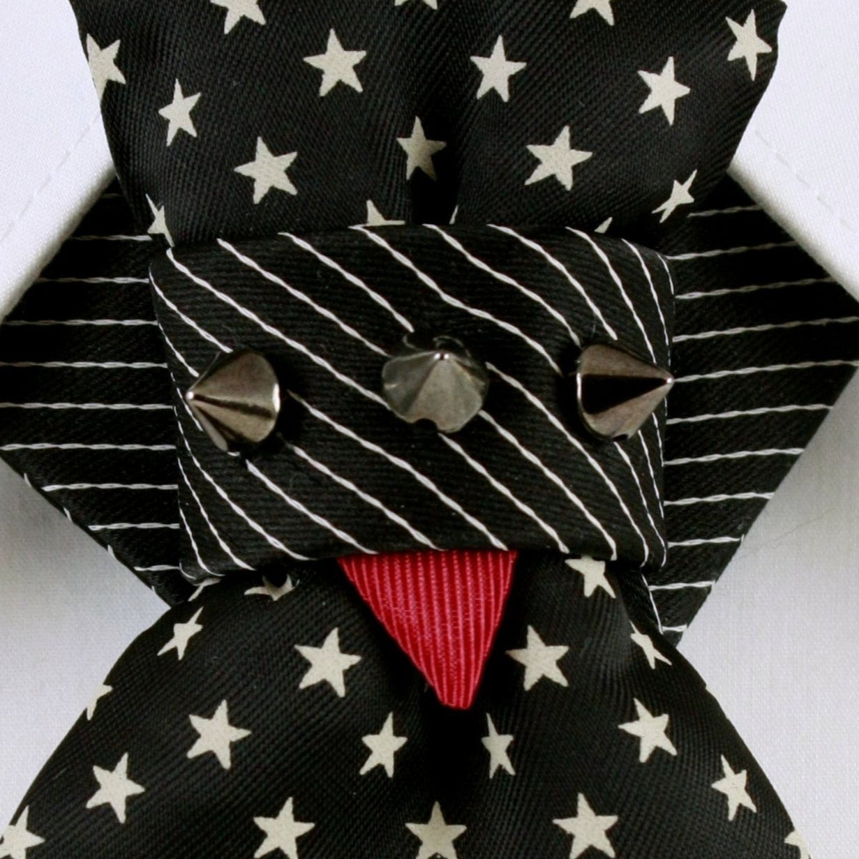 Black and white patterned bow tie with red accent on a white background black star bow tie, handmade necktie, vertical bow tie, striped tie, unique party accessory, musician tie, performer neckwear, gothic tie, punk bow tie, artistic tie, black and white tie, red accent tie, luxury handmade tie, ruty design tie