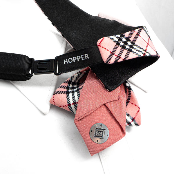 Pink pouch with plaid accents and a black strap labeled 'Hopper' on a white background pink tie, plaid necktie, handmade tie, wedding tie, groom accessory, groomsmen gift, original design, unique tie, navy suit tie, modern groom, special occasion, dress tie