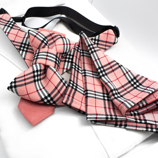 Pink plaid dog collar and leash set on a white background