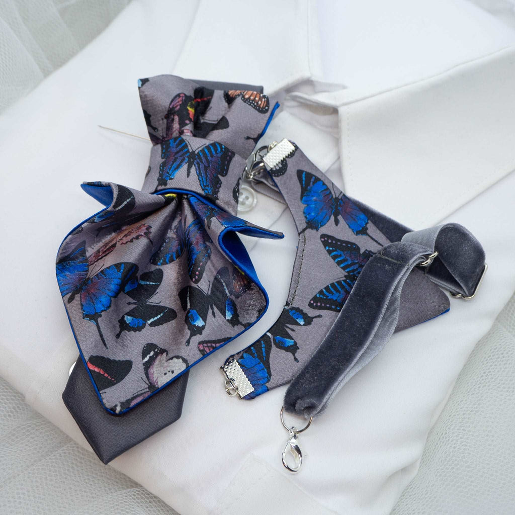 Jabot Blue tie for women, Blue bow tie for  Handmade luxury women’s necktie “Butterfly” – elegant gray and blue accessory with butterfly pattern, combining tie and bow style, perfect for weddings, musicians, and artistic women.