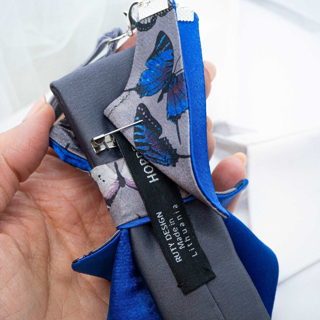 Jabot Blue tie for women, Blue bow tie for ladies Handmade luxury women’s necktie “Butterfly” – elegant gray and blue accessory with butterfly pattern, combining tie and bow style, perfect for weddings, musicians, and artistic women.