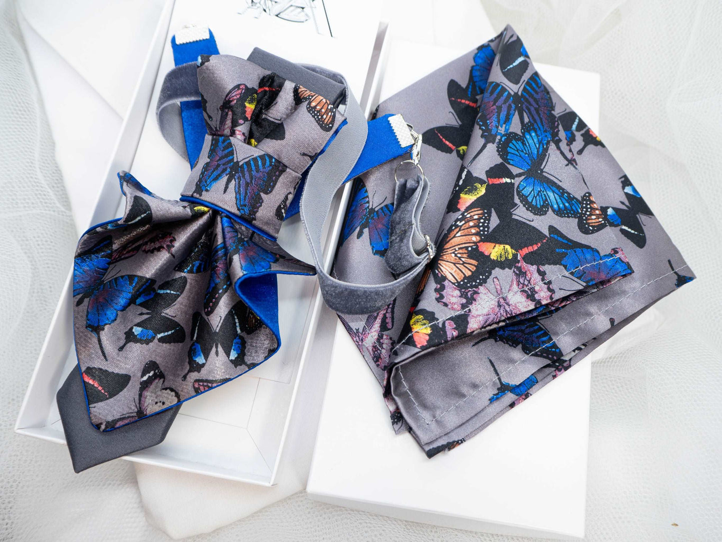 Jabot Blue tie for women, Blue bow tie for ladies Jabot blue tie for women, blue bow tie for ladies, handmade luxury women’s necktie, butterfly jabot tie, gray and blue butterfly pattern tie, artistic women’s neck accessory, statement bow tie for women, sculptural fabric tie accessory, modern jabot necklace tie, elegant women’s tie for weddings, unique designer necktie for women, butterfly print fashion accessory, avant garde women’s tie, luxury handmade tie Lithuania, Rūta Piekurienė design tie, stylish ac