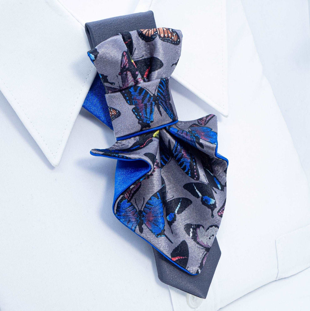 Jabot Blue tie for women, Blue bow tie for ladies Handmade luxury women’s necktie “Butterfly” – elegant gray and blue accessory with butterfly pattern, combining tie and bow style, perfect for weddings, musicians, and artistic women.