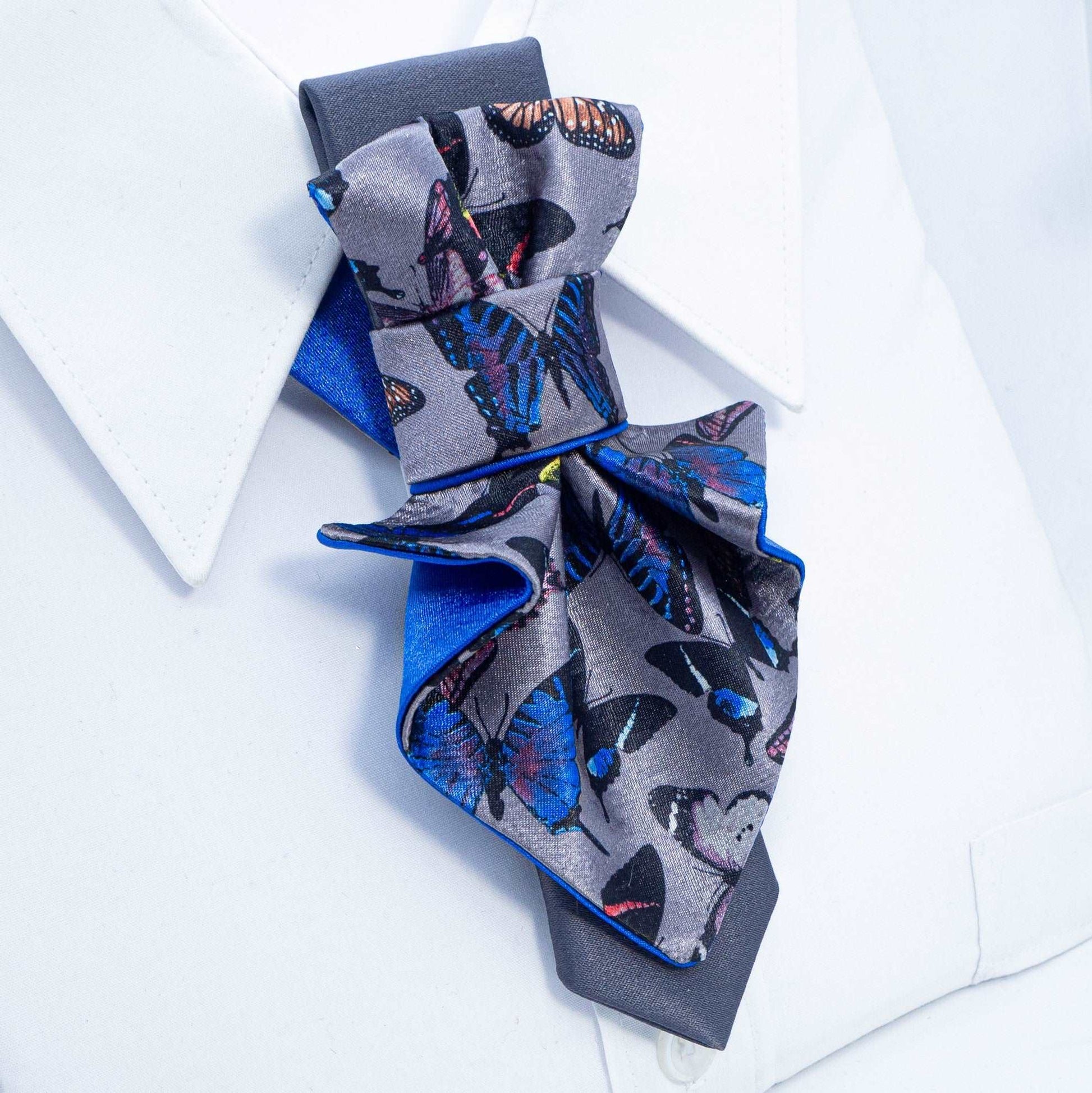 Jabot Blue tie for women, Blue bow tie for ladies Handmade luxury women’s necktie “Butterfly” – elegant gray and blue accessory with butterfly pattern, combining tie and bow style, perfect for weddings, musicians, and artistic women.