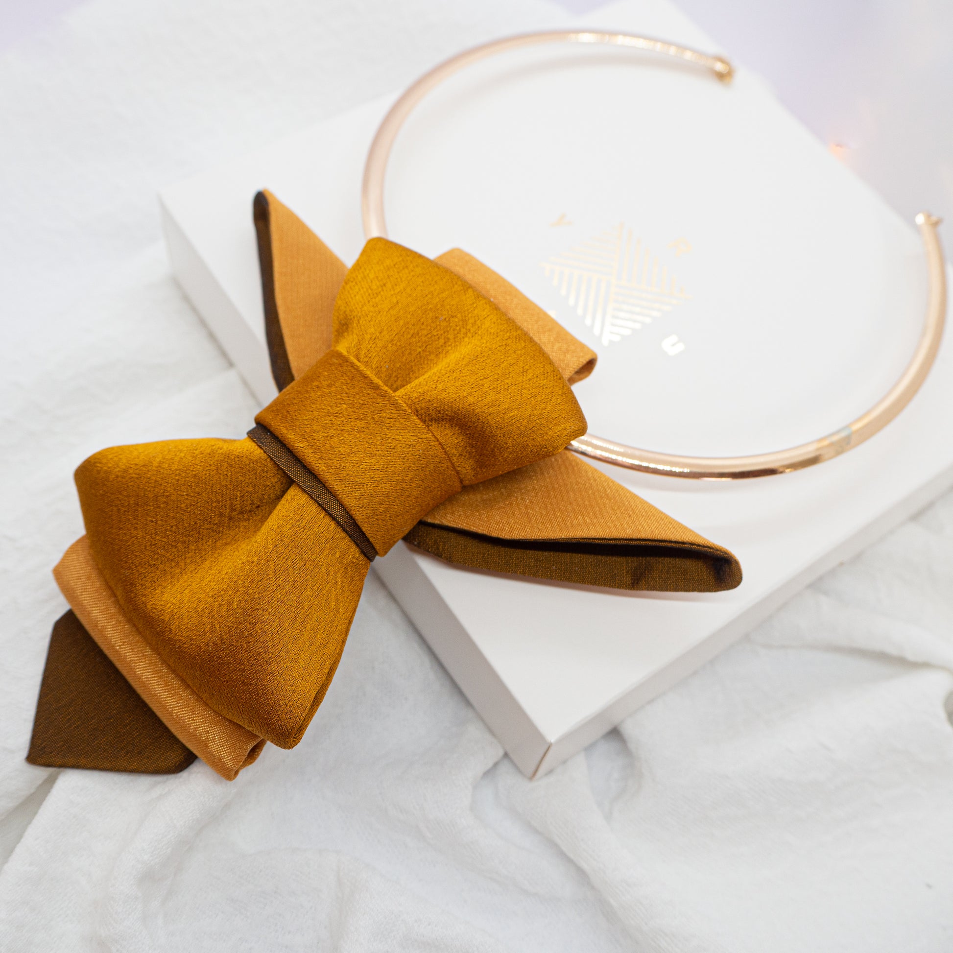A unique vertical women's bow tie in mustard yellow, HOPPER TIE BRASS BIRD created by Ruty design, Hopper tie, Bow Tie, Tie