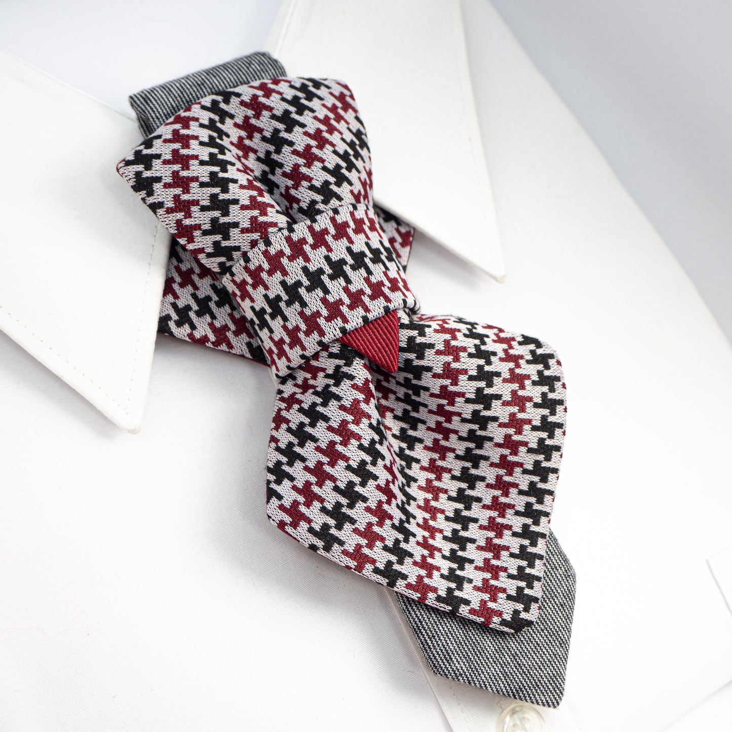 handmade luxury unisex necktie, vertical bow tie, houndstooth pattern, red black white tie, artistic necktie, wedding accessory, groom gift, musician style, luxury tie, unique neckwear, statement tie, formal fashion, sculptural tie, designer bow tie