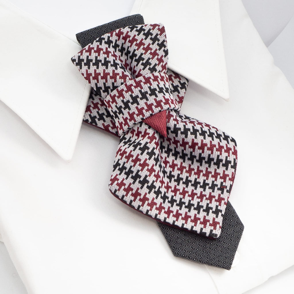 handmade luxury unisex necktie, vertical bow tie, houndstooth pattern, red black white tie, artistic necktie, wedding accessory, groom gift, musician style, luxury tie, unique neckwear, statement tie, formal fashion, sculptural tie, designer bow tie