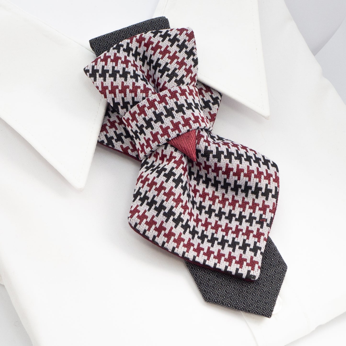 handmade luxury unisex necktie, vertical bow tie, houndstooth pattern, red black white tie, artistic necktie, wedding accessory, groom gift, musician style, luxury tie, unique neckwear, statement tie, formal fashion, sculptural tie, designer bow tie
