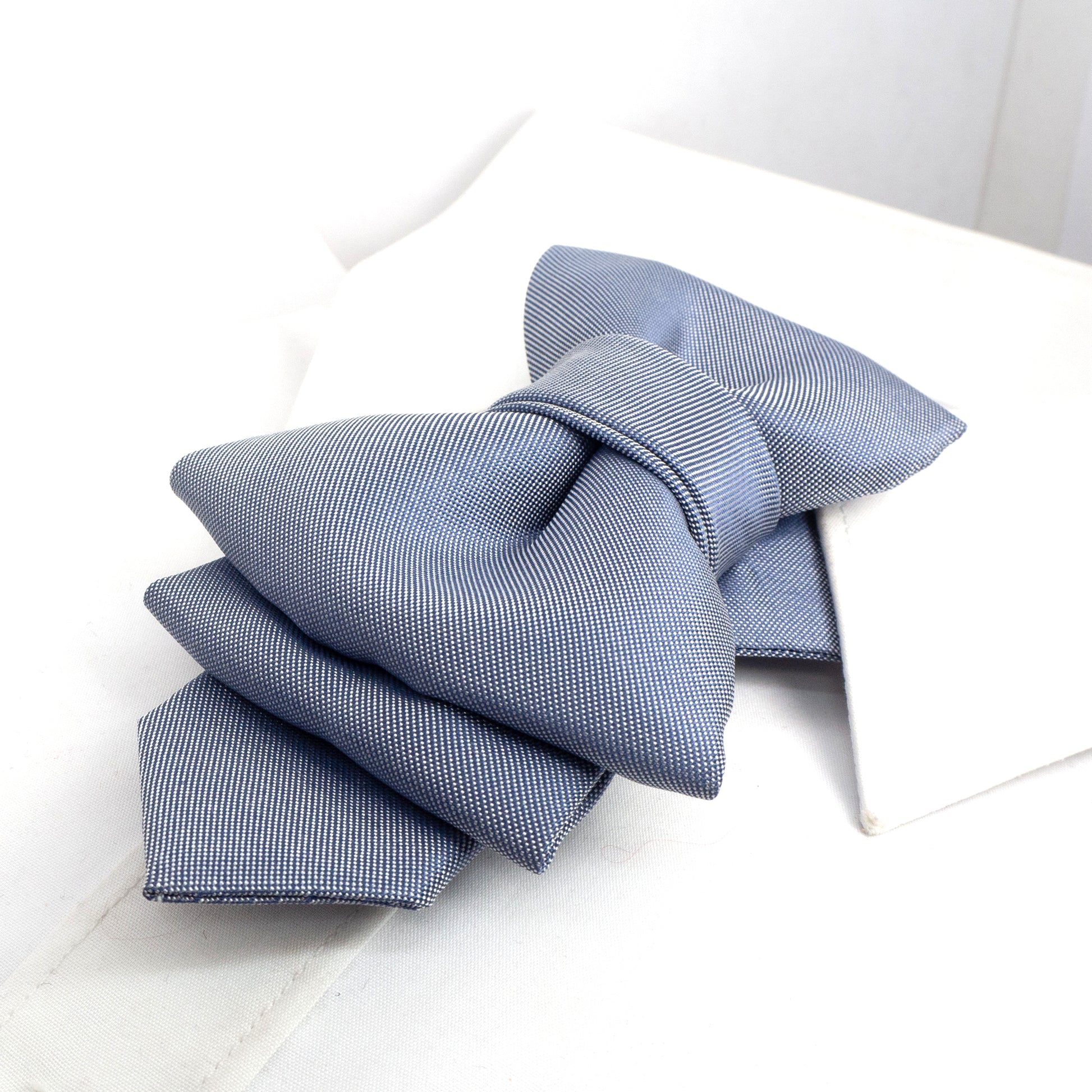 sculptural necktie, modern cravat, handmade gray blue tie, statement neckwear, unisex fashion tie, couture tie design, pre-tied unique tie, artistic wedding tie, luxury men's accessory, elegant tie for women, structured neck piece, designer tie by Ruty Design, bold formal tie, textured fabric tie, handmade performance tie