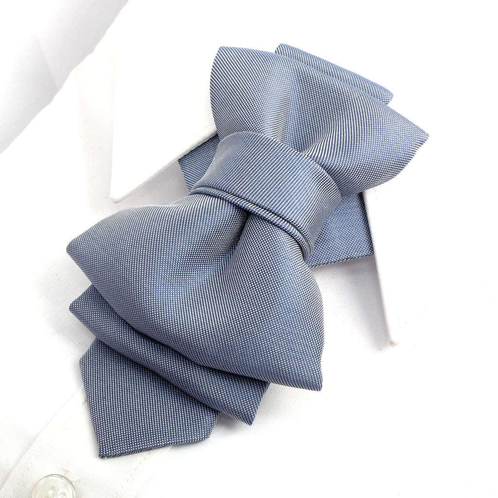 sculptural necktie, modern cravat, handmade gray blue tie, statement neckwear, unisex fashion tie, couture tie design, pre-tied unique tie, artistic wedding tie, luxury men's accessory, elegant tie for women, structured neck piece, designer tie by Ruty Design, bold formal tie, textured fabric tie, handmade performance tie