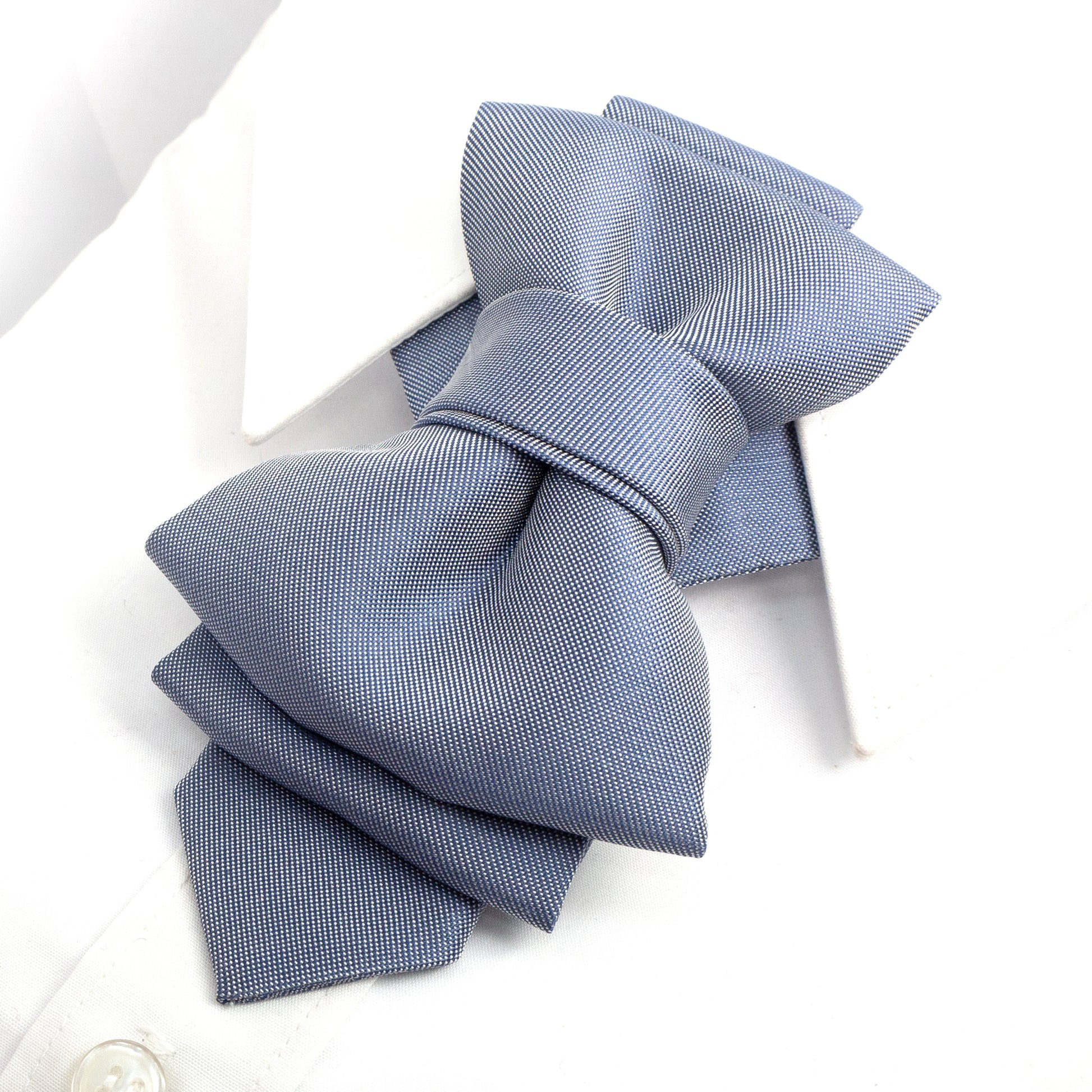 sculptural necktie, modern cravat, handmade gray blue tie, statement neckwear, unisex fashion tie, couture tie design, pre-tied unique tie, artistic wedding tie, luxury men's accessory, elegant tie for women, structured neck piece, designer tie by Ruty Design, bold formal tie, textured fabric tie, handmade performance tie