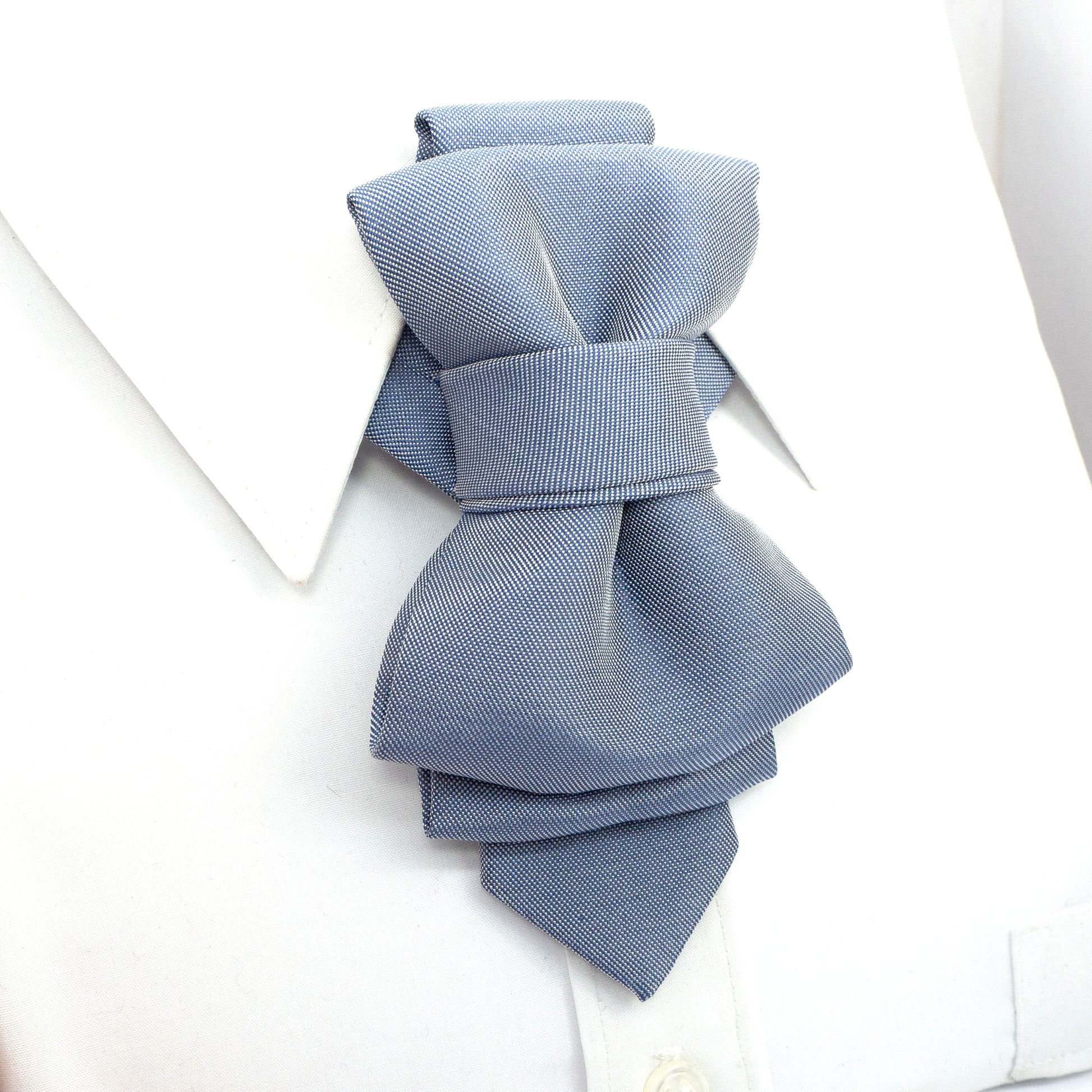 sculptural necktie, modern cravat, handmade gray blue tie, statement neckwear, unisex fashion tie, couture tie design, pre-tied unique tie, artistic wedding tie, luxury men's accessory, elegant tie for women, structured neck piece, designer tie by Ruty Design, bold formal tie, textured fabric tie, handmade performance tie