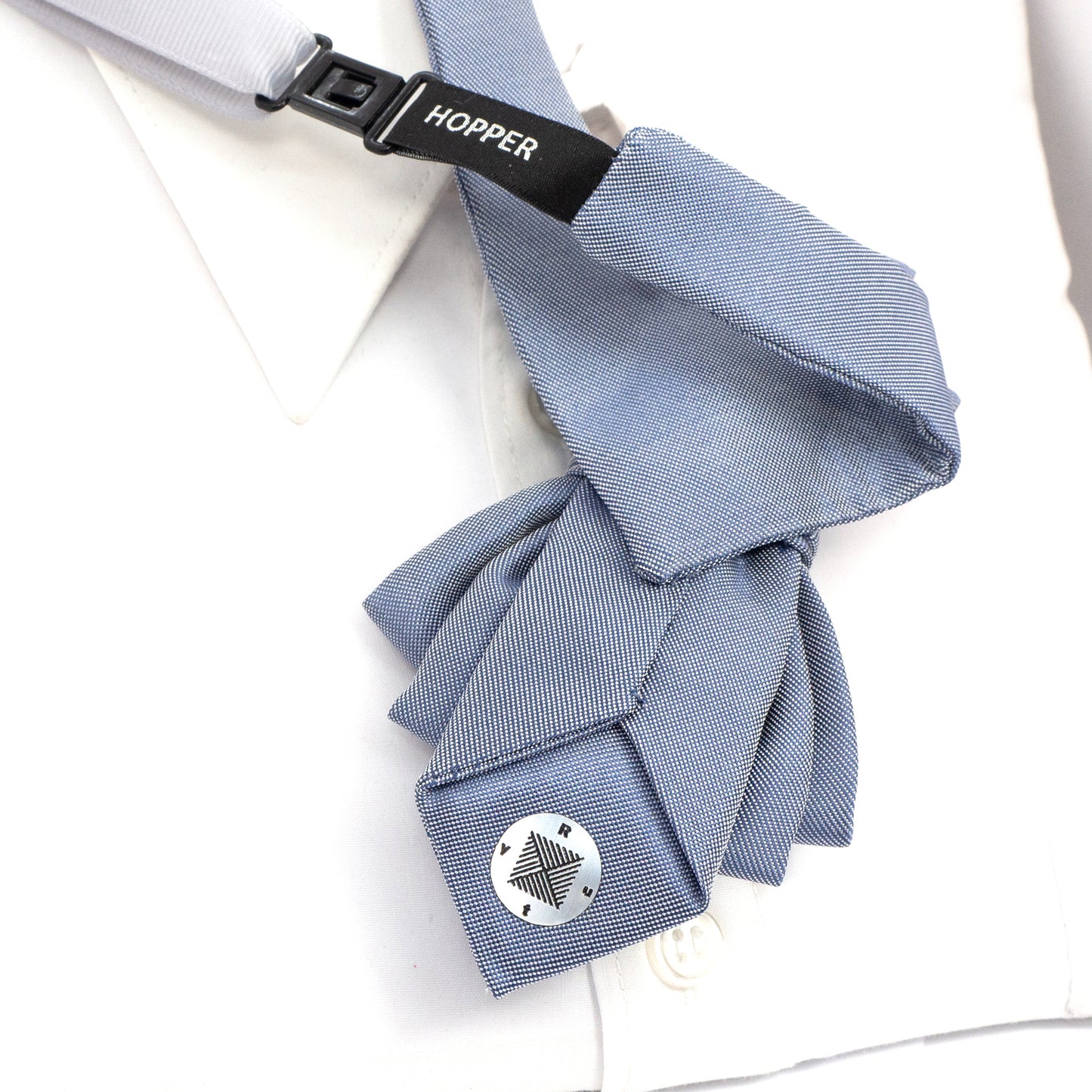 sculptural necktie, modern cravat, handmade gray blue tie, statement neckwear, unisex fashion tie, couture tie design, pre-tied unique tie, artistic wedding tie, luxury men's accessory, elegant tie for women, structured neck piece, designer tie by Ruty Design, bold formal tie, textured fabric tie, handmade performance tie