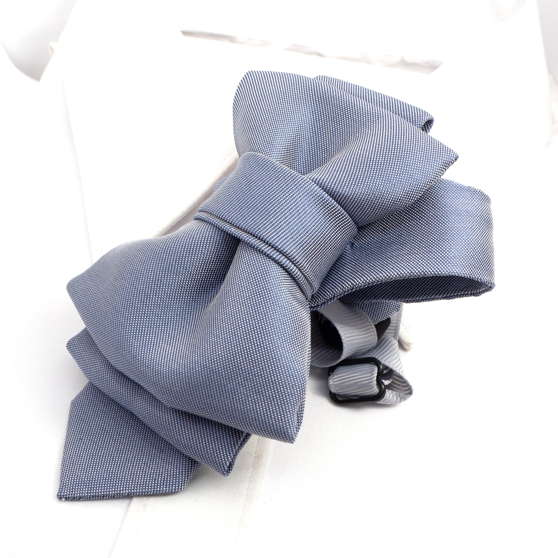 sculptural necktie, modern cravat, handmade gray blue tie, statement neckwear, unisex fashion tie, couture tie design, pre-tied unique tie, artistic wedding tie, luxury men's accessory, elegant tie for women, structured neck piece, designer tie by Ruty Design, bold formal tie, textured fabric tie, handmade performance tie