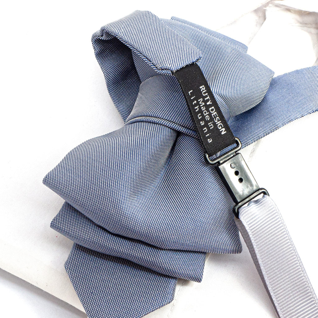 sculptural necktie, modern cravat, handmade gray blue tie, statement neckwear, unisex fashion tie, couture tie design, pre-tied unique tie, artistic wedding tie, luxury men's accessory, elegant tie for women, structured neck piece, designer tie by Ruty Design, bold formal tie, textured fabric tie, handmade performance tie