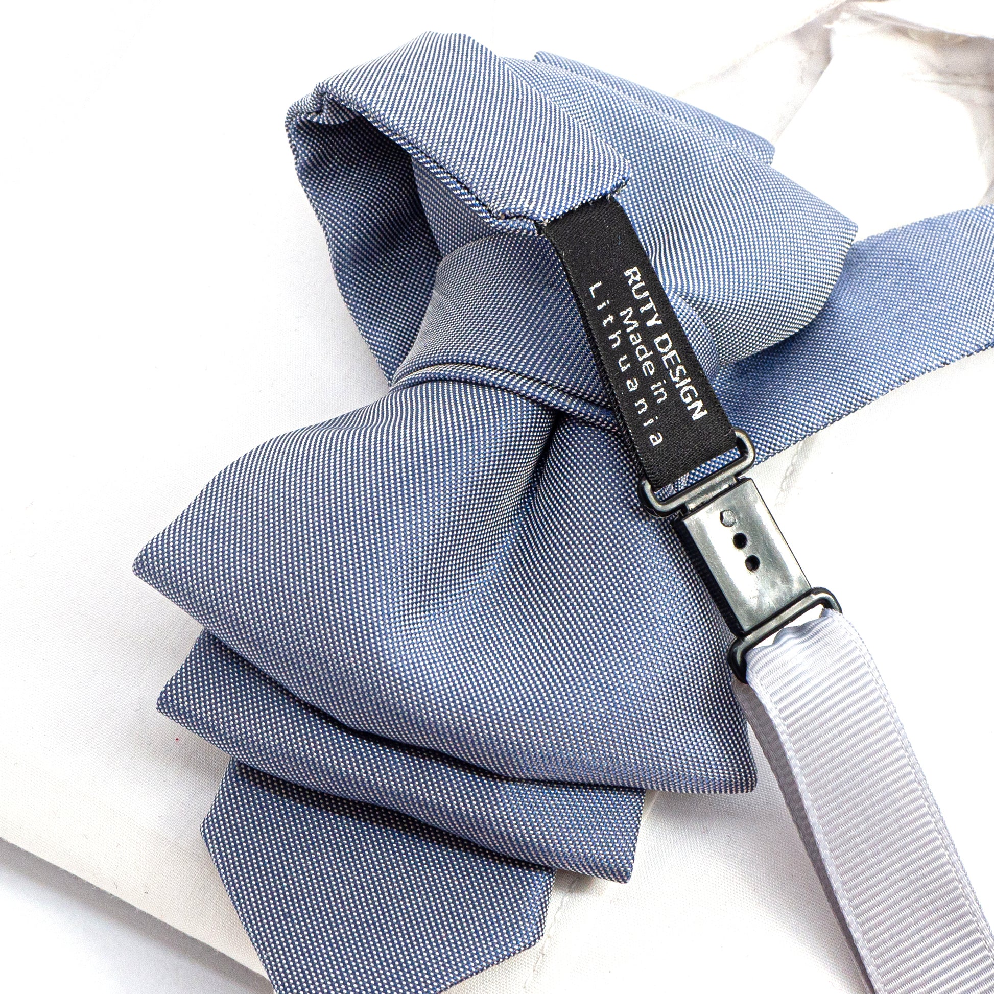 sculptural necktie, modern cravat, handmade gray blue tie, statement neckwear, unisex fashion tie, couture tie design, pre-tied unique tie, artistic wedding tie, luxury men's accessory, elegant tie for women, structured neck piece, designer tie by Ruty Design, bold formal tie, textured fabric tie, handmade performance tie