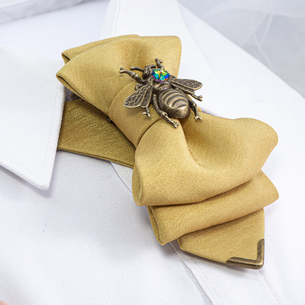 necktie for ladies "Honey", Khaki yellow bowtie for women with bee, Luxury accessory for new fashion lovers, Stylish neckwear for women