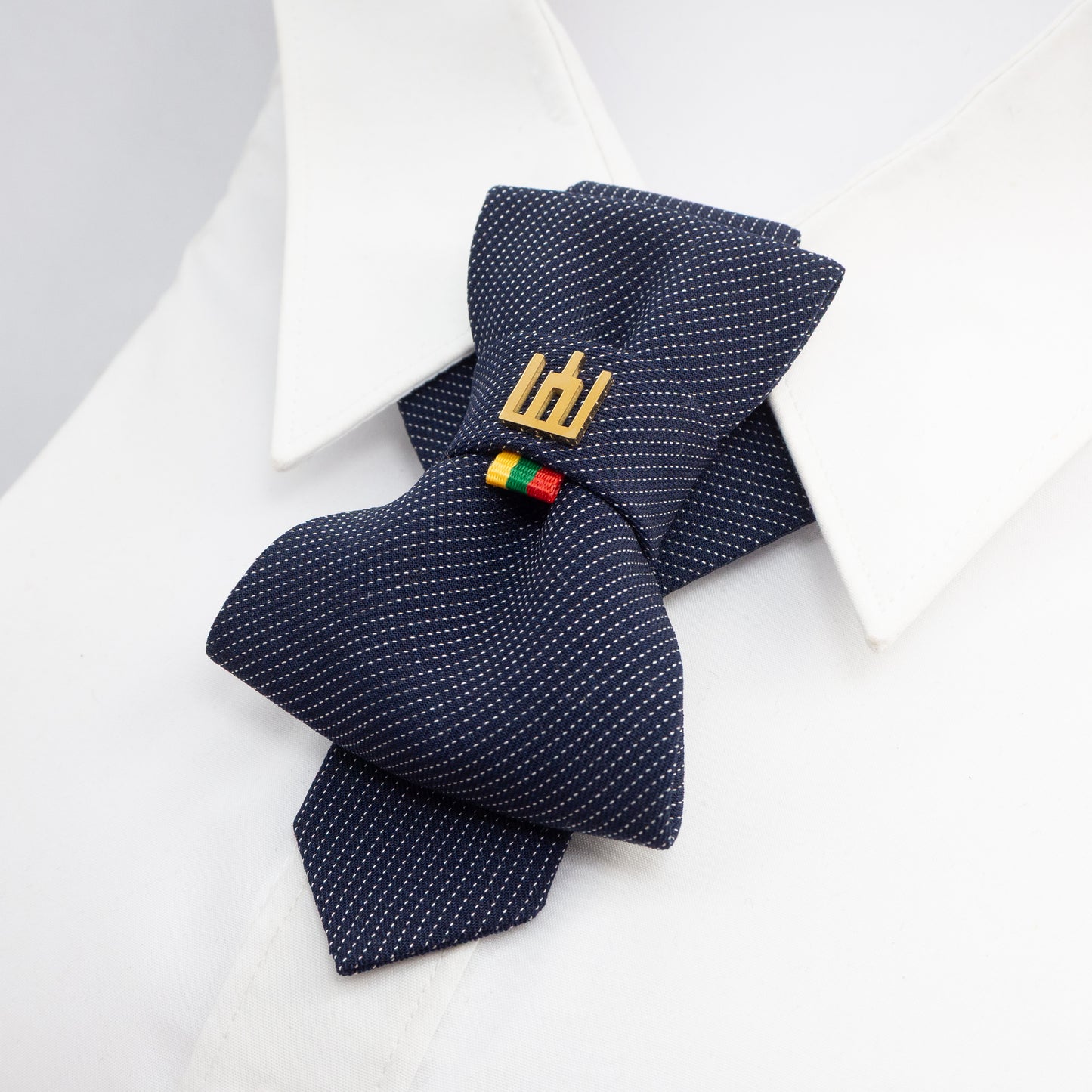 Lithuanian heritage necktie, Gediminas Pillars tie, handmade symbolic tie, Baltic cultural accessory, jabot style neckwear, patriotic men’s fashion, tricolor ribbon necktie, freedom identity tie, elegant historical neckwear, Baltic pride tie, artisan men’s tie, traditional symbol cravat, modern ethnic accessory, small nation support fashion, Mediterranean style tie
