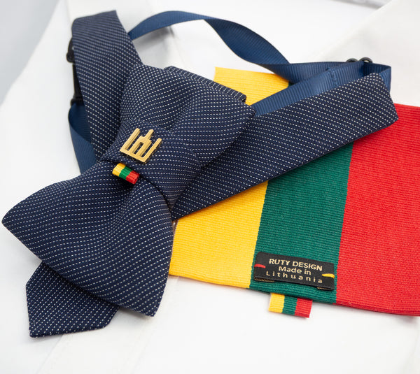 Lithuanian heritage necktie, Gediminas Pillars tie, handmade symbolic tie, Baltic cultural accessory, jabot style neckwear, patriotic men’s fashion, tricolor ribbon necktie, freedom identity tie, elegant historical neckwear, Baltic pride tie, artisan men’s tie, traditional symbol cravat, modern ethnic accessory, small nation support fashion, Mediterranean style tie
