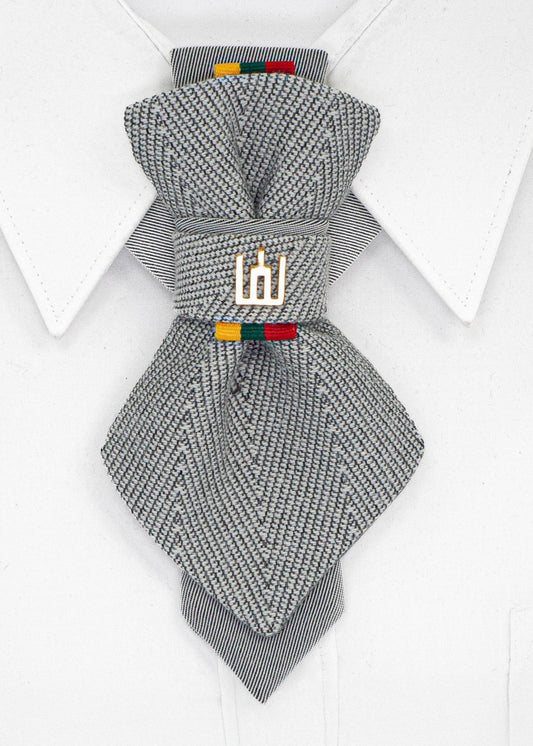handmade luxury wedding necktie, vertical bow tie, Lithuanian Gedimino Stulpai pin, silver patterned tie, unisex formal accessory, unique design neckwear, groom tie, national symbol fashion, elegant menswear, statement necktie, artistic bow tie, heritage inspired tie, luxury gift for him or her