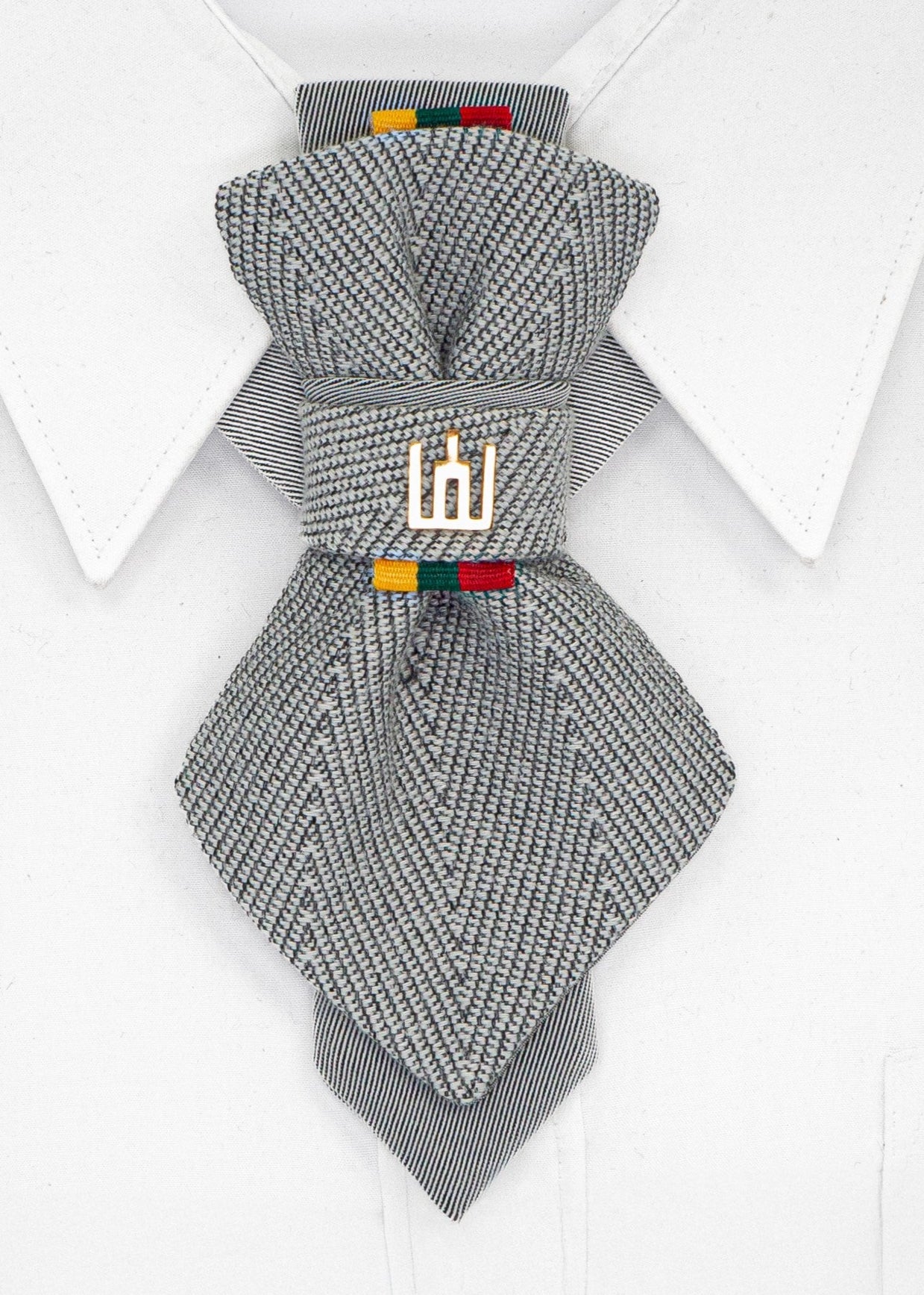 handmade luxury wedding necktie, vertical bow tie, Lithuanian Gedimino Stulpai pin, silver patterned tie, unisex formal accessory, unique design neckwear, groom tie, national symbol fashion, elegant menswear, statement necktie, artistic bow tie, heritage inspired tie, luxury gift for him or her