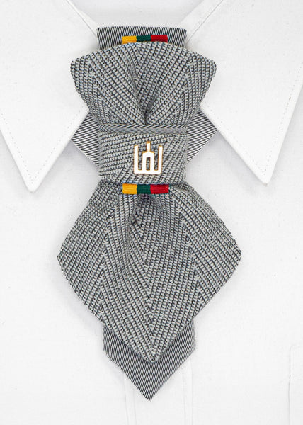 handmade luxury wedding necktie, vertical bow tie, Lithuanian Gedimino Stulpai pin, silver patterned tie, unisex formal accessory, unique design neckwear, groom tie, national symbol fashion, elegant menswear, statement necktie, artistic bow tie, heritage inspired tie, luxury gift for him or her