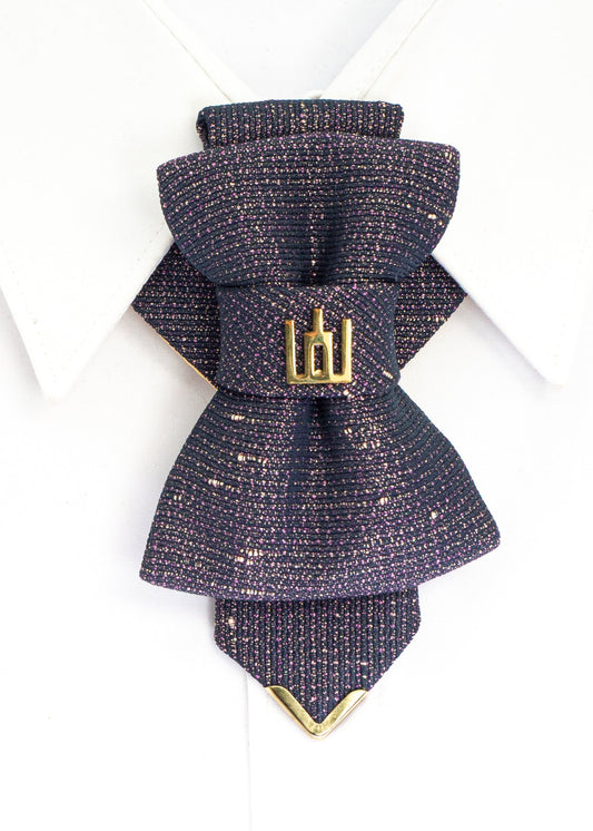 Handmade luxury necktie with Gediminas Columns symbol, unique jabot-style design in dark fabric with gold and purple shimmer, accented with golden details. Perfect quality artisan tie for weddings, cultural events, national heritage celebrations, or elegant occasions. Exclusive unisex accessory, ideal gift for those who value craftsmanship, individuality, and timeless style.